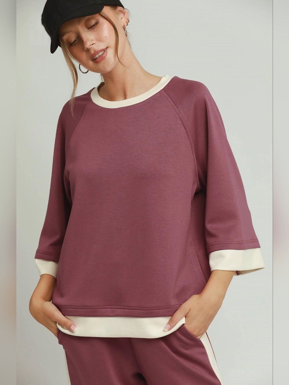 Umgee Colorblock Crewneck Raglan Sleeve Top Cozy Mauve Pullover with Cream Trim